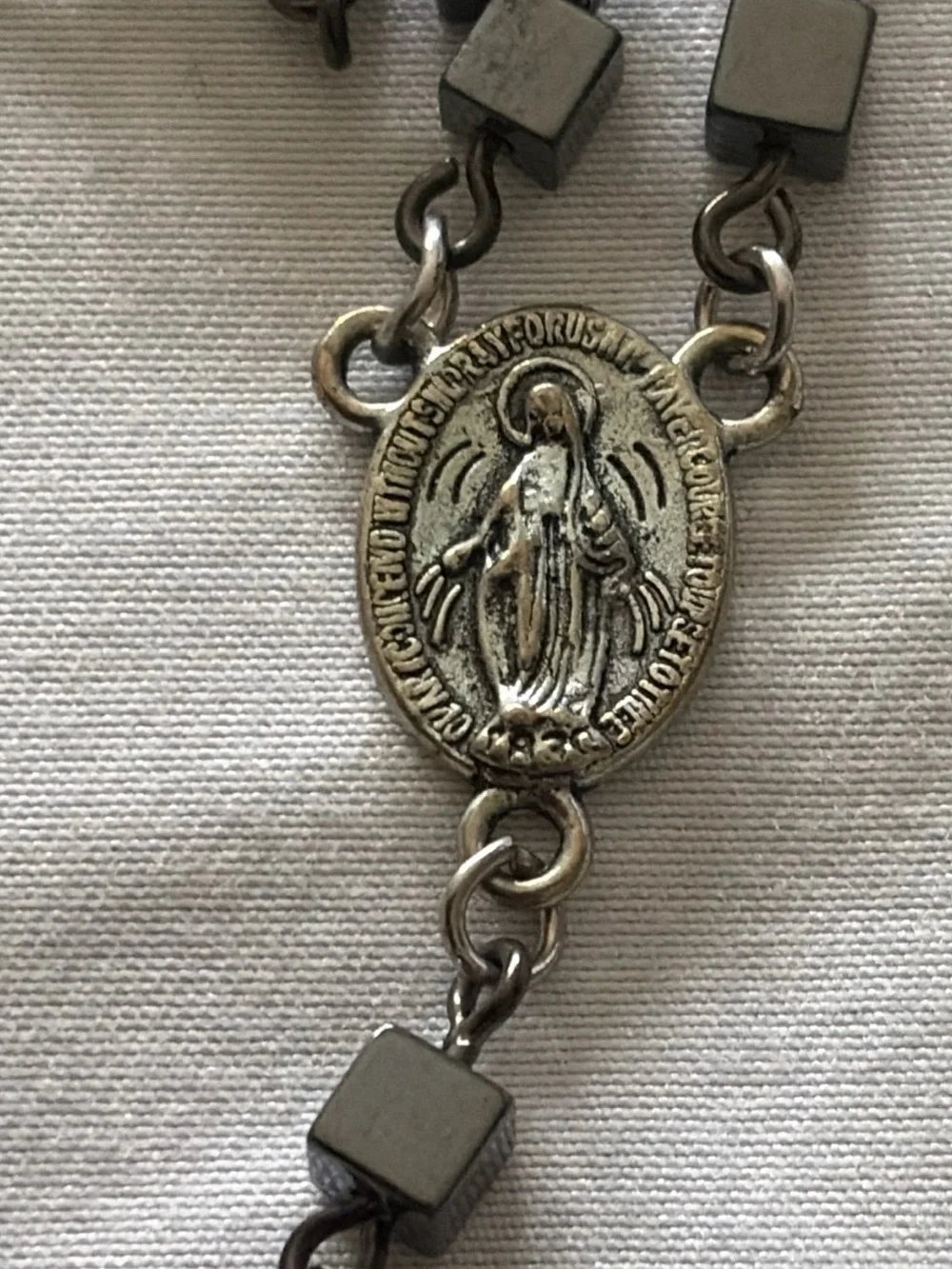 Gunmetal Rosary-Style Cross Necklace